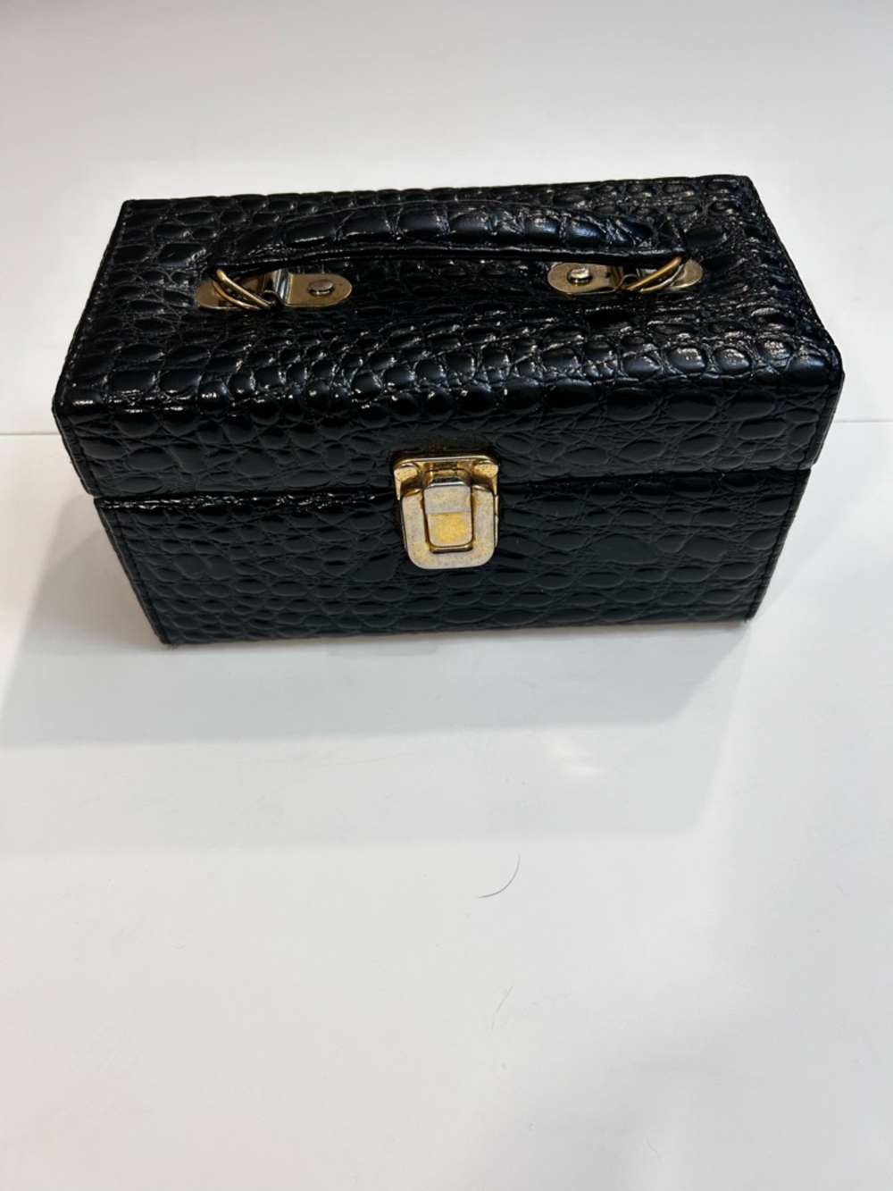 Black Faux-Croc Box Purse with Gold Hardware